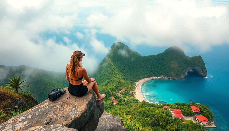 Woman on Saba island adventure travel, overlooking village and ocean.