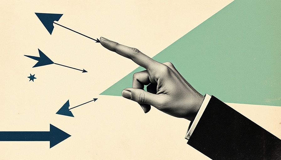 Surreal collage with arrows and hand conveying direction.