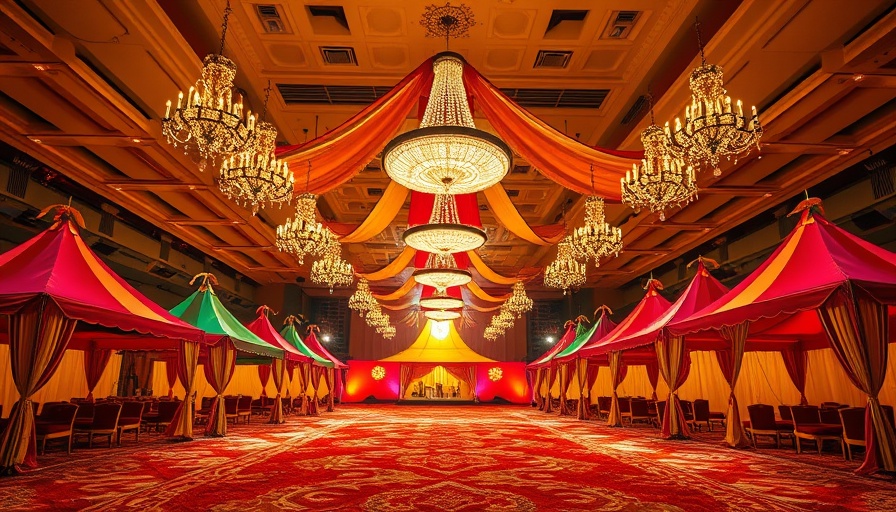 Luxurious ballroom with camping tents for leadership offsite planning.