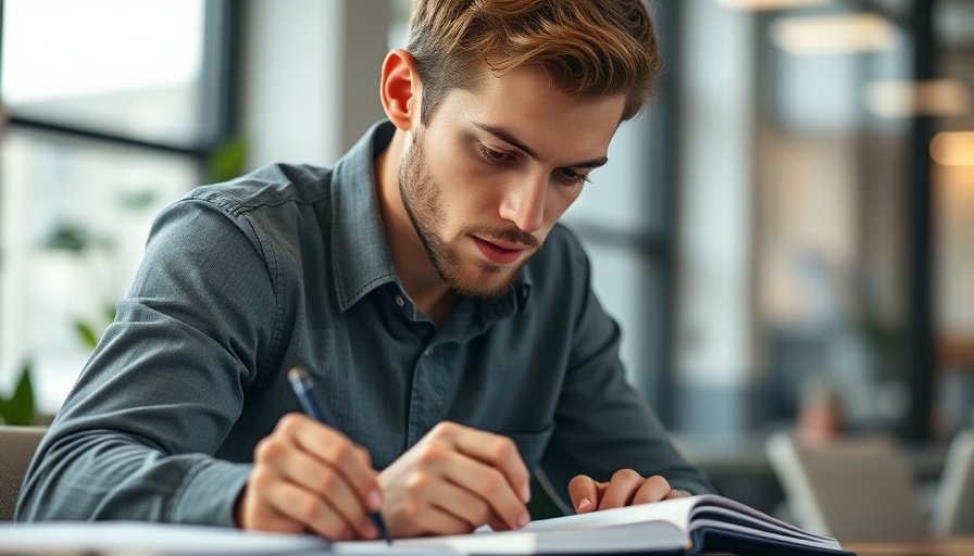 Young man writing notes in a notebook in an office setting, Justworks Hours Management.