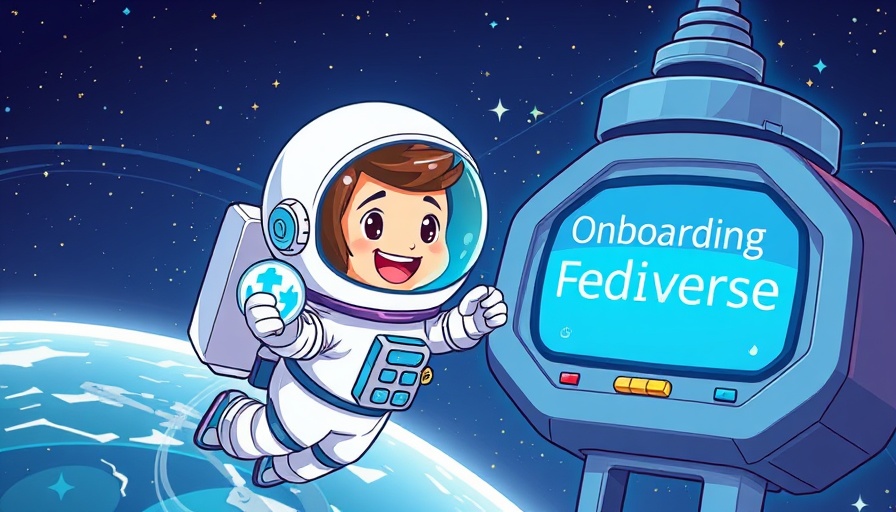 Astronaut cartoon character with symbol near 'Onboarding Fediverse' device, space theme.
