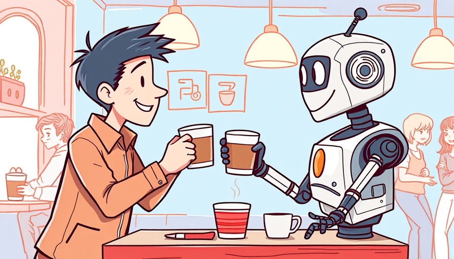 Cartoon of human and robot with coffee cups in a busy cafe setting.