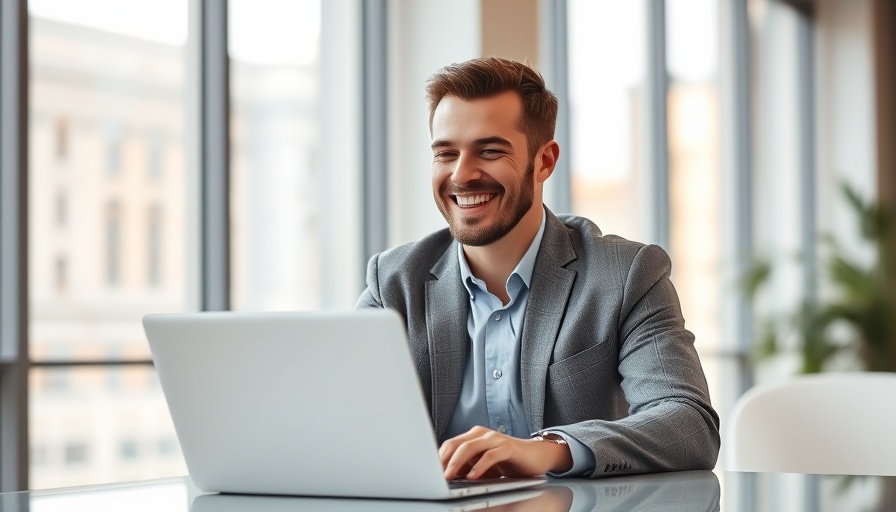 Man working on laptop in bright office setting.