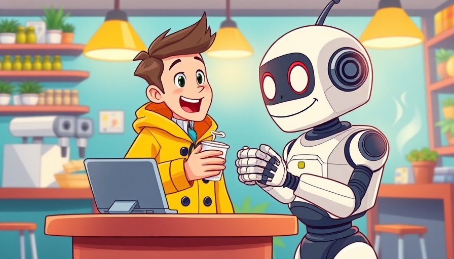 Cartoon of human and robot exchanging coffee in a cafe.