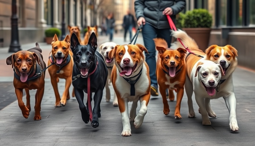 Dogs on leashes with handler in urban area, related to data-based delegation strategies.