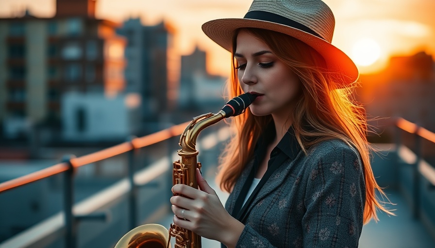 Neo-Soul 2025 Chill ambiance with woman playing saxophone at sunset.