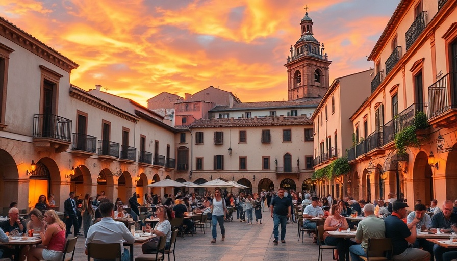 Bustling Spanish plaza with dining tourists and vibrant sunset.