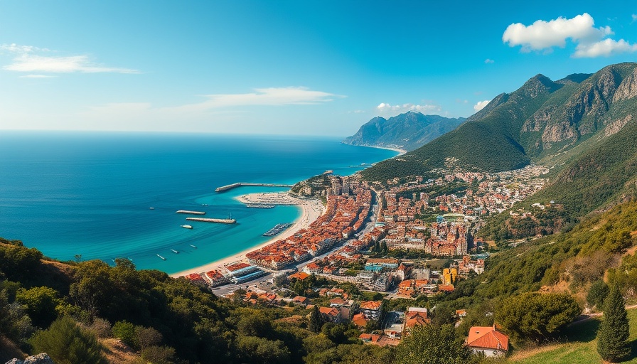 Panoramic view of Avola showing coast and townscape under blue sky.