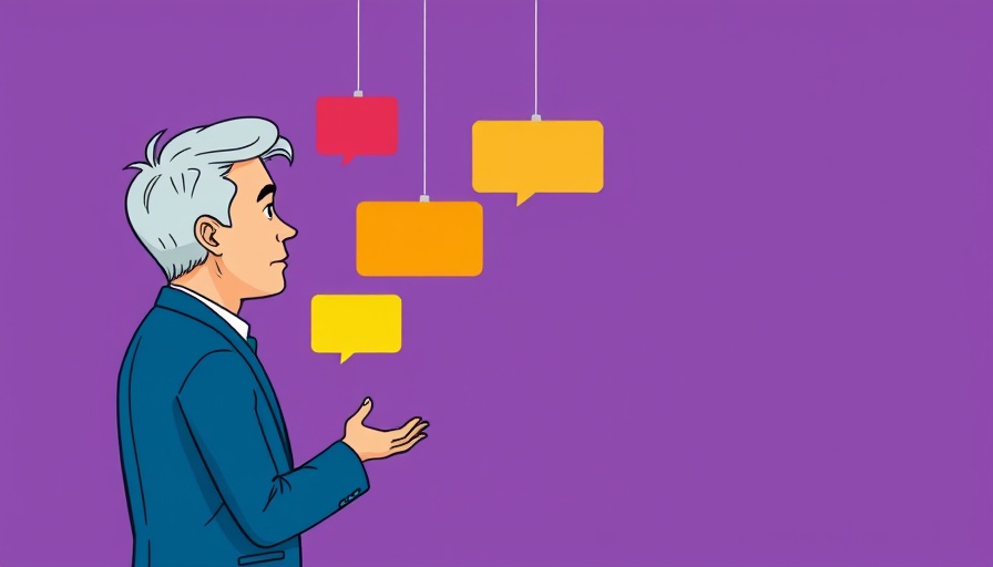 Illustration of presenting a new strategy to the board with speech bubbles.