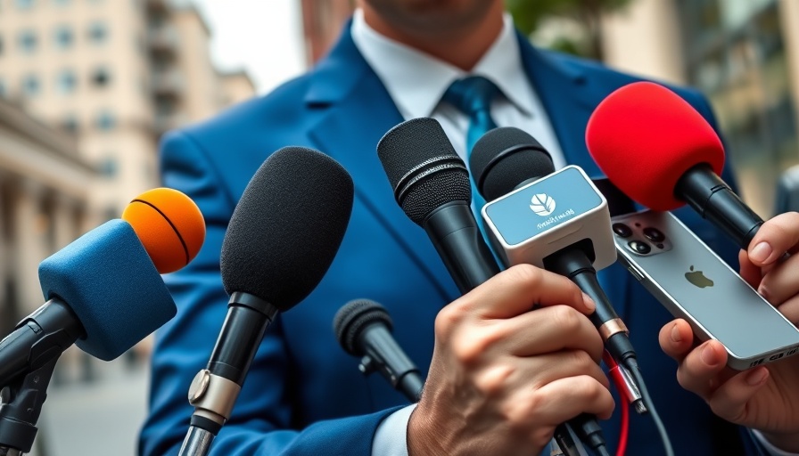 Press conference with microphones and phones focused on a suited individual.
