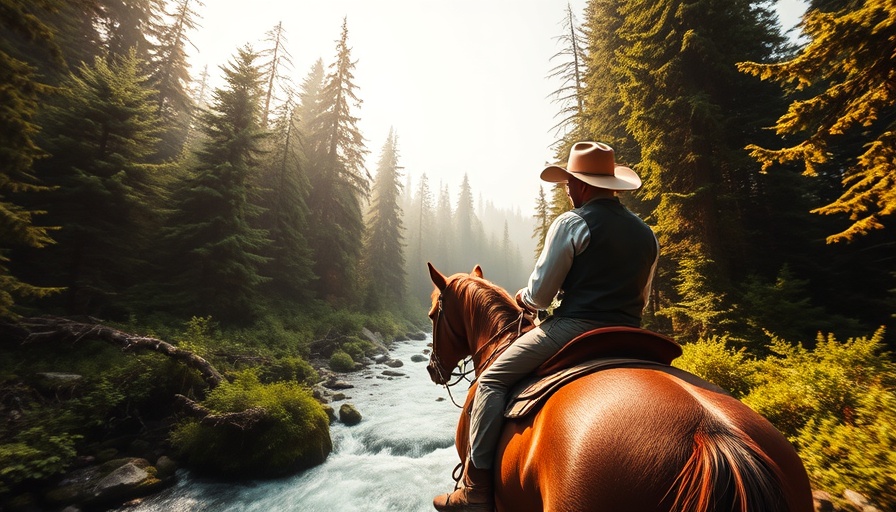 Serene cowboy riding through forest on horseback for travel inspiration.