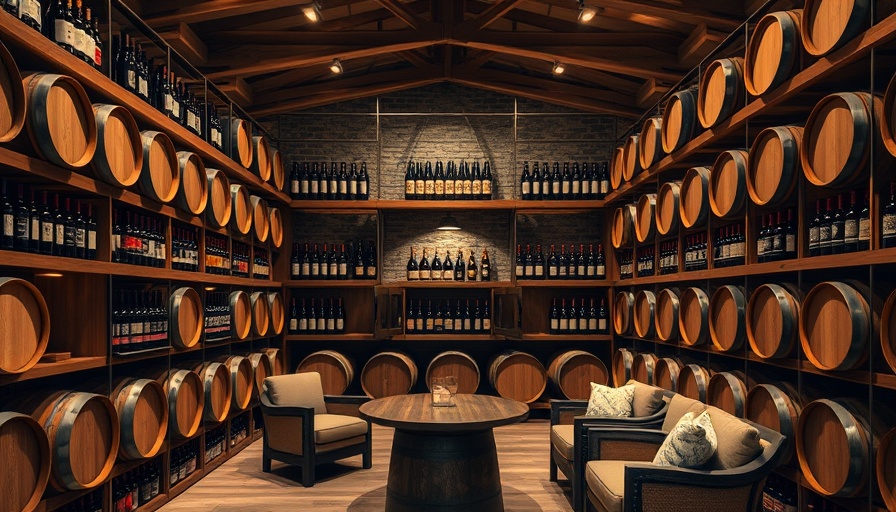 Elegant wine cellar in Alabama wine country with wooden barrel shelves.