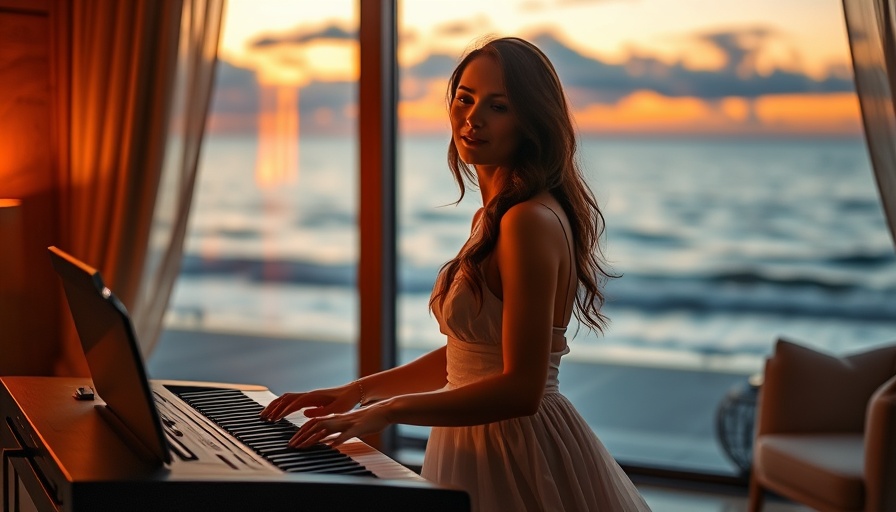 Elegant woman playing keyboard at dusk with ocean view.