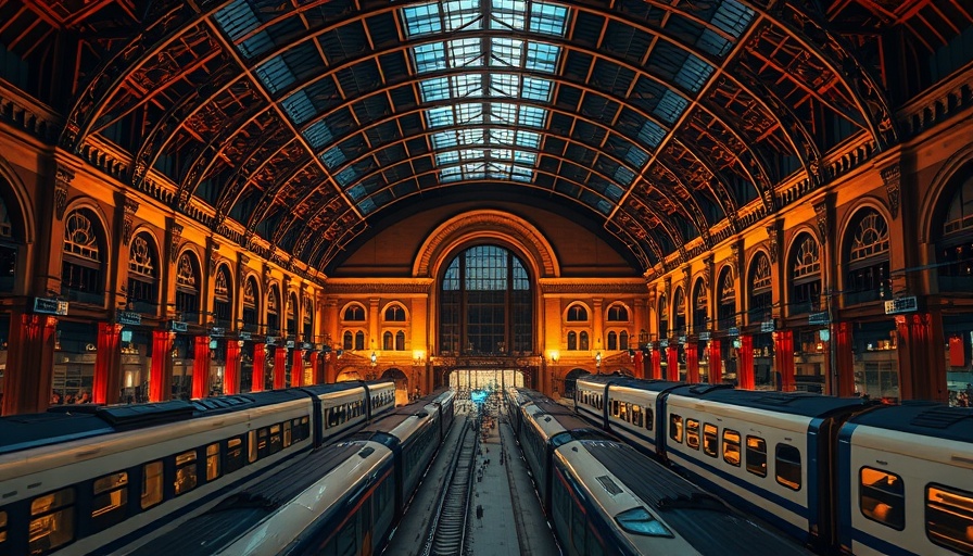 Beautiful train station in the U.S. at twilight with modern architecture.