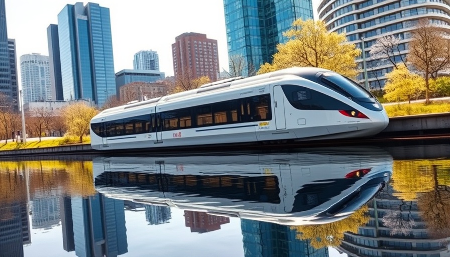 High-speed train on bridge with cityscape backdrop, travel inspiration.