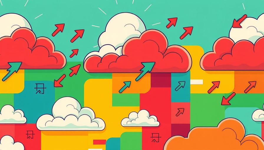 Vibrant abstract strategy design with arrows and clouds, colorful pattern