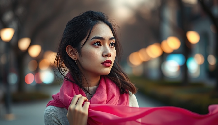 Young woman with pink scarf in Neo-Soul mood, evening city lights.