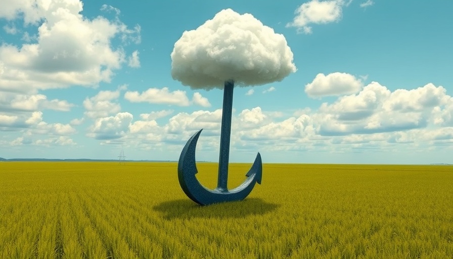 Surreal anchor suspended from cloud over field, Building Change Resilience in the Age of AI.