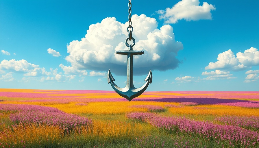 Surreal floating cloud with anchor in a field, Building Change Resilience in the Age of AI concept.