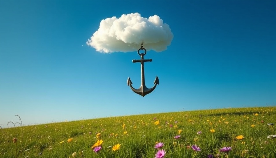 Surreal anchor suspended from cloud symbolizing building change resilience in AI business.