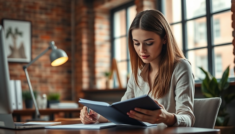 Focused woman working on messaging and positioning framework at desk.