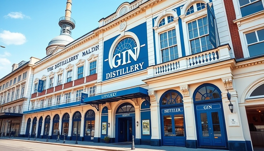 Historic UK gin distillery exterior with blue and white design.