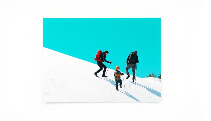 Minimalist collage of hikers climbing a snowy slope under turquoise sky.