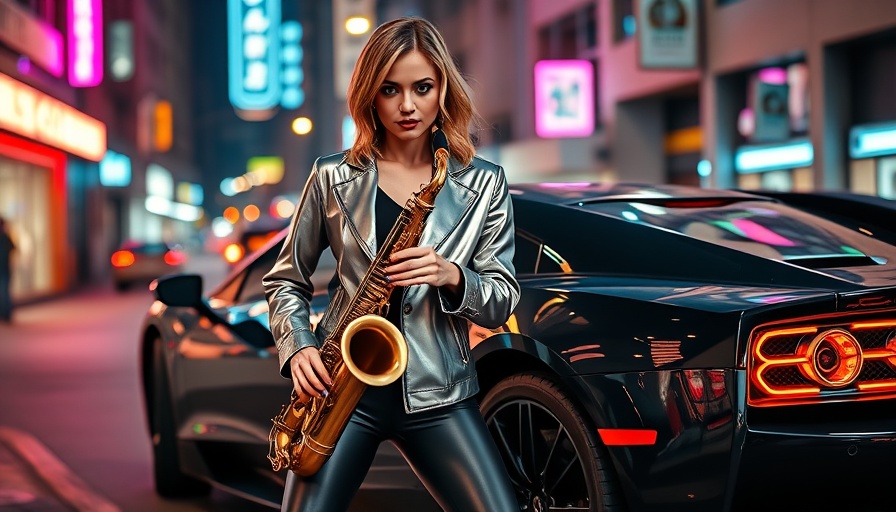 Neo-Soul Sax Chill Music scene with stylish woman by a sports car.