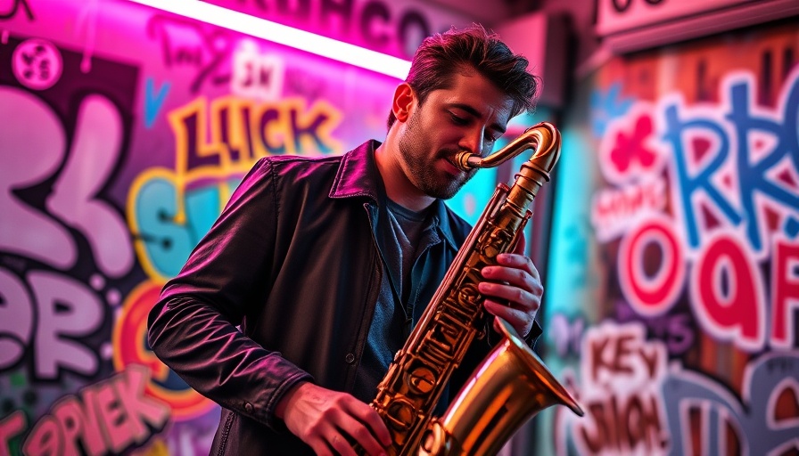 Stylish musician playing saxophone in an urban neon-lit studio.