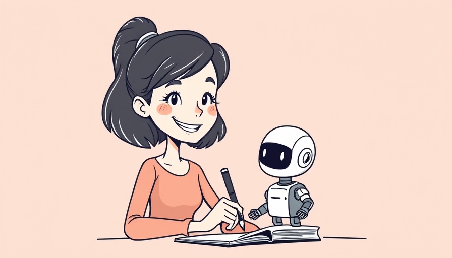 Cartoon woman and robot writing together at a desk