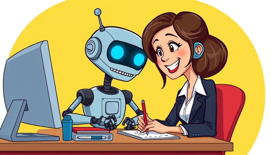 Business cartoon of a woman and robot writing at a table.