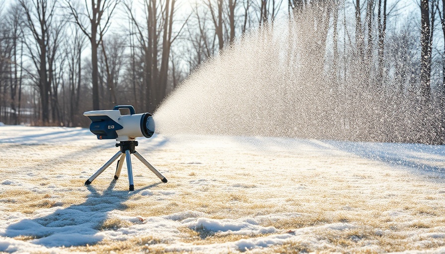 Artificial snow machine on grassy field under morning sun.