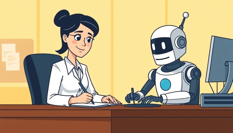 Cartoon of woman and robot writing in business setting