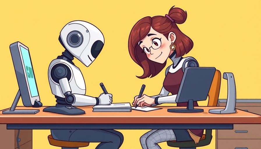 Whimsical illustration of AI adoption in business, featuring a woman collaborating with a robot.