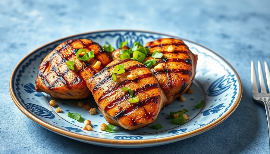 Grilled Chicken with Green Chili Crisp on a decorative plate.