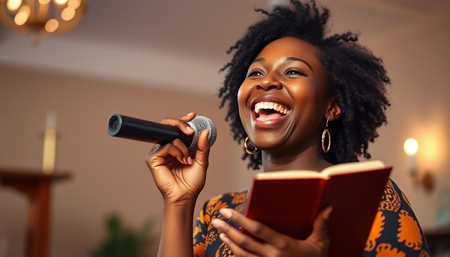 African woman of faith singing joyfully with microphone.