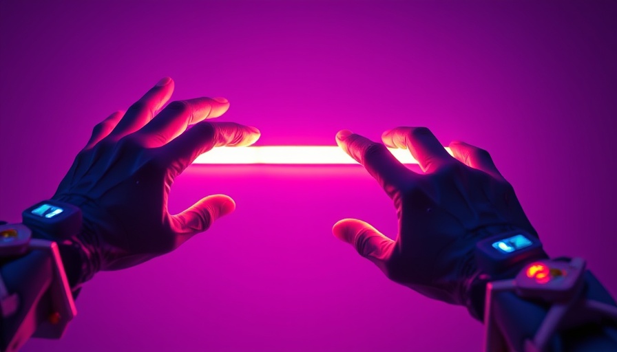 Futuristic hands touching neon rectangle, AI strategy leadership concept.