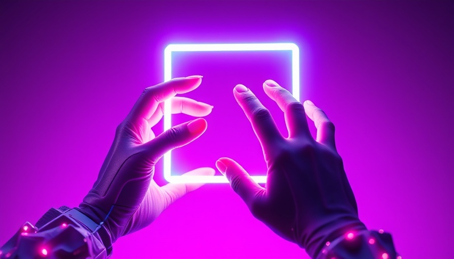 Futuristic hands interacting with neon square, AI strategy leadership theme.