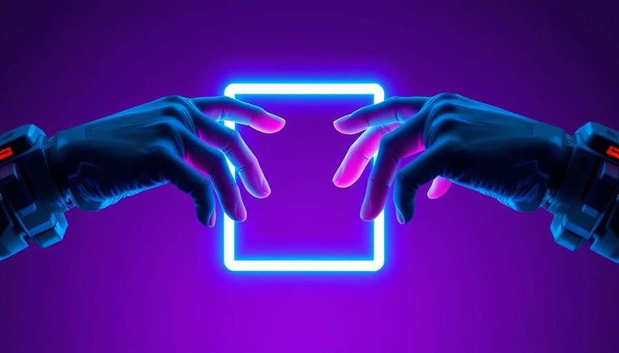 Futuristic hands connected by neon rectangle symbolizing collective leadership in AI strategy.