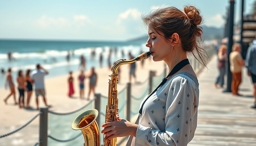 Female musician performing jazz by the ocean.