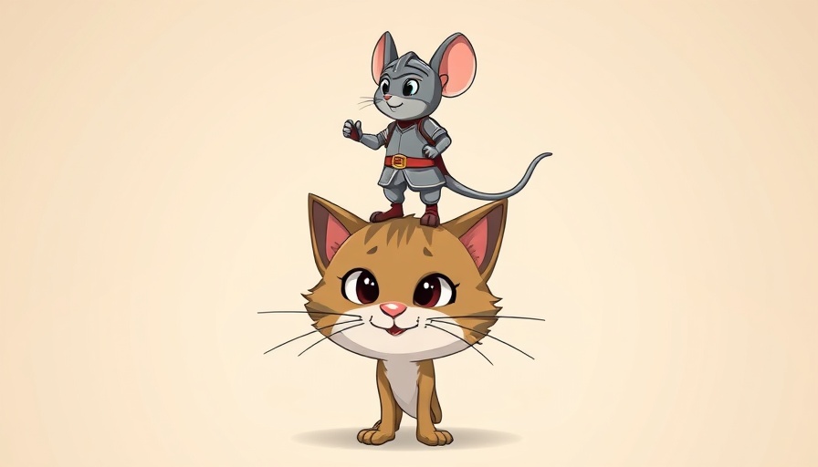 Courageous mouse knight atop a curious cat in a cartoon style.