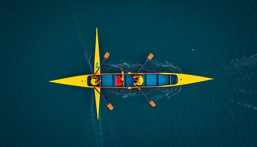 Aerial view of synchronized rowing team on a tranquil lake.
