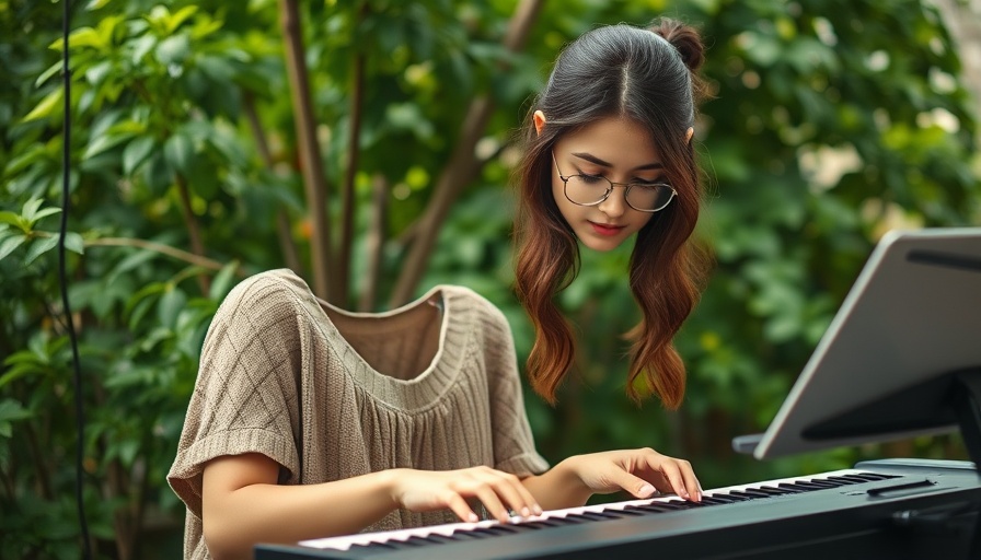 Young musician playing keyboard in nature, creating smooth jazz and trap-soul beats.