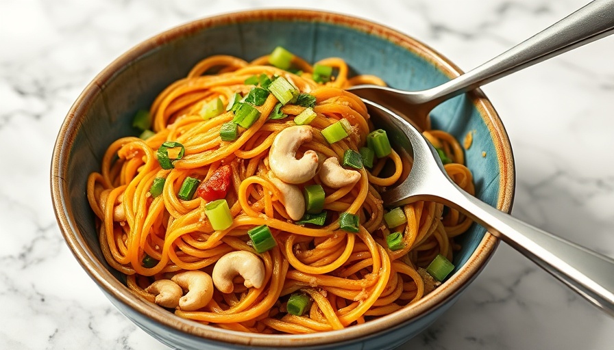 Vibrant spicy cashew scallion noodles in a rustic bowl.