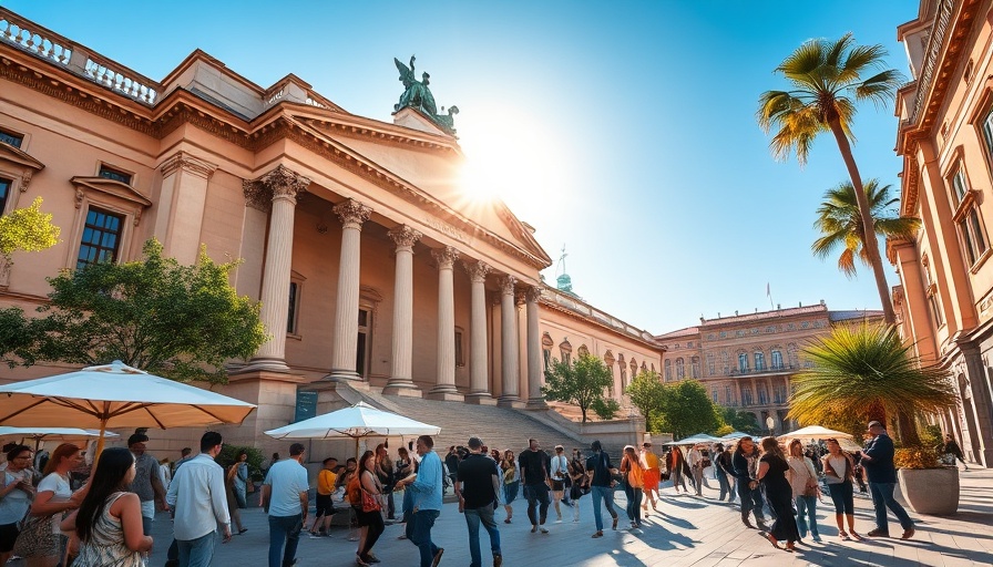 Sunlit Museo del Prado facade with visitors enjoying a perfect day in Madrid.