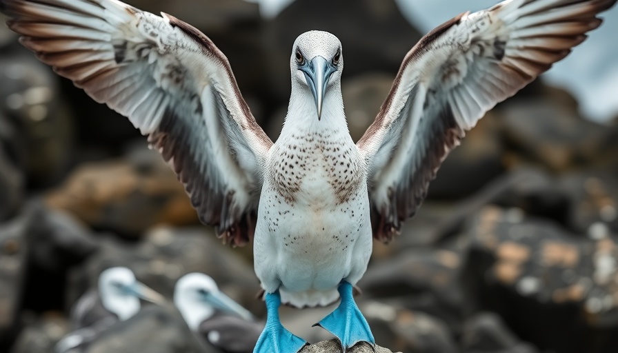 Blue-footed booby in Ecuador spreading wings, wildlife travel focus.