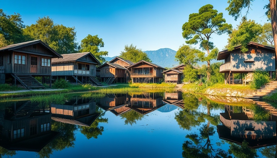 Traditional wooden stilt houses in Mai Chau village reflecting on pond.