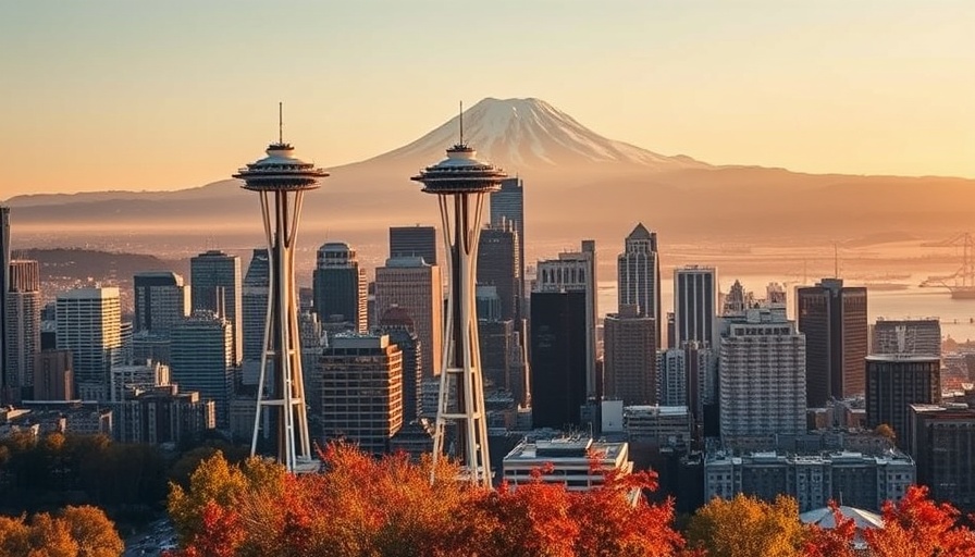 Seattle skyline at sunset with Space Needle and Mount Rainier.
