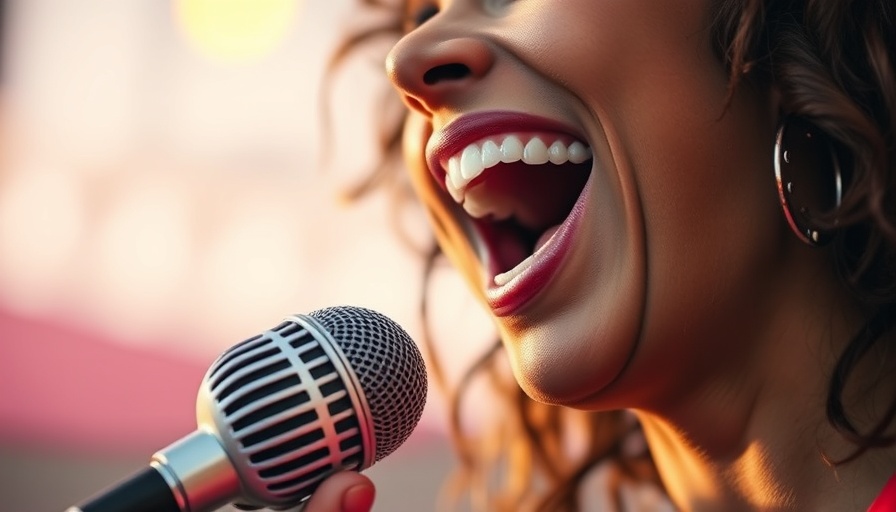 Joyful singer performing with vintage microphone, vibrant evening lighting.