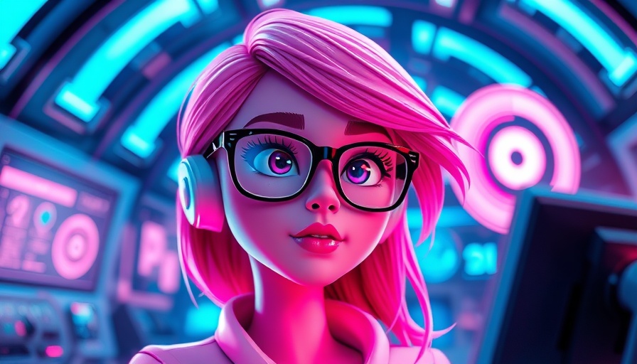 Futuristic cartoon woman using technology, colorful and dynamic.